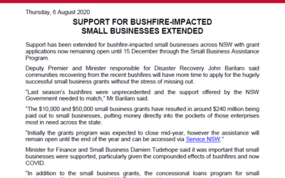 Support for Bushfire-Impacted Small Businesses Extended